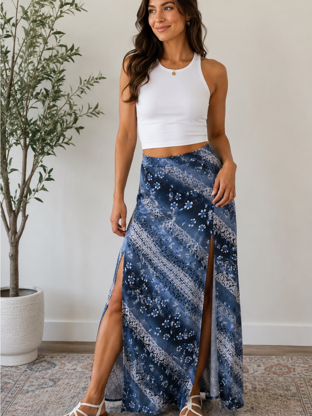 A. Byer California Blue Floral Faux Wrap Maxi Skirt USA Made M Y2K